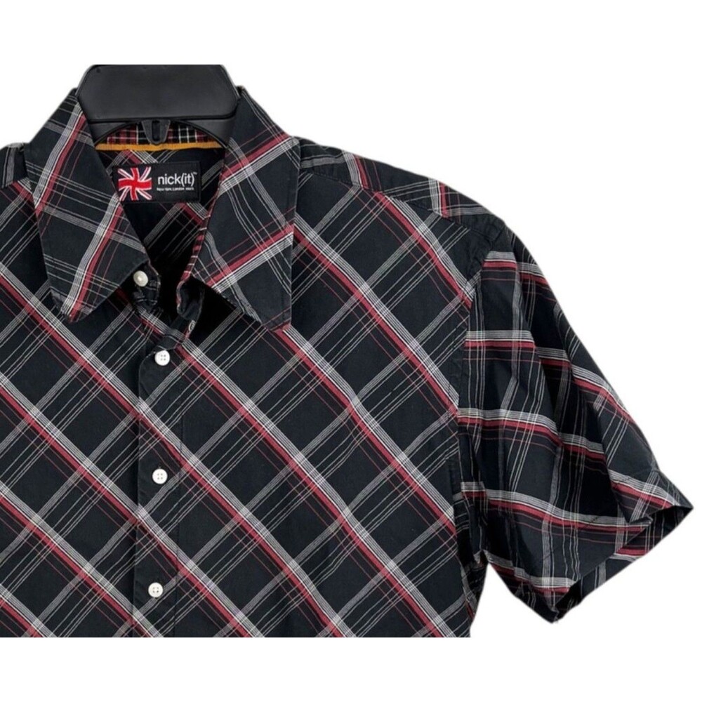 Nick(it) short sleeve button men’s medium shirt,black diagonal plaid red cotton